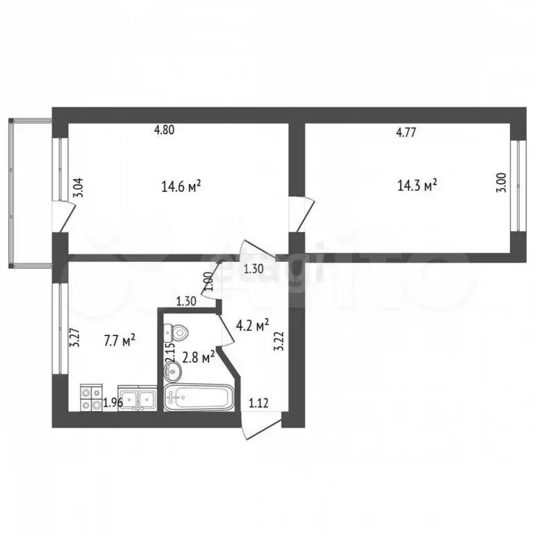 2-к. квартира, 43,6 м, 4/5 эт. - Фото 0