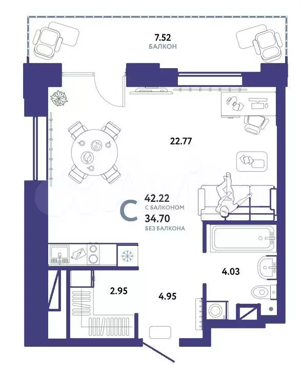 Квартира-студия, 42,2м, 11/12эт. - Фото 1