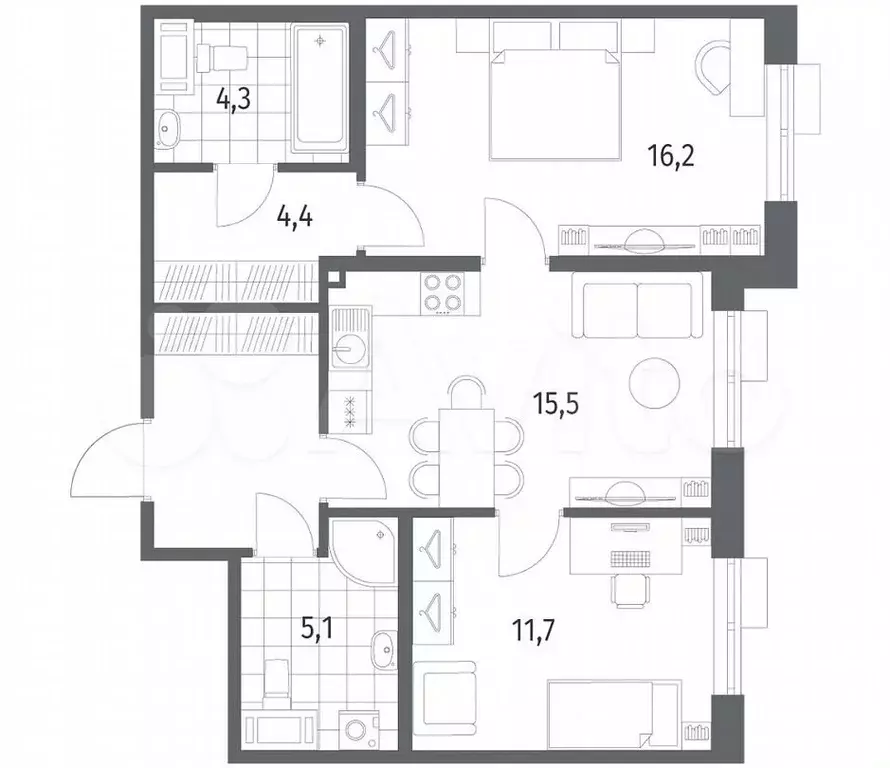 2-к. квартира, 64 м, 4/6 эт. - Фото 1