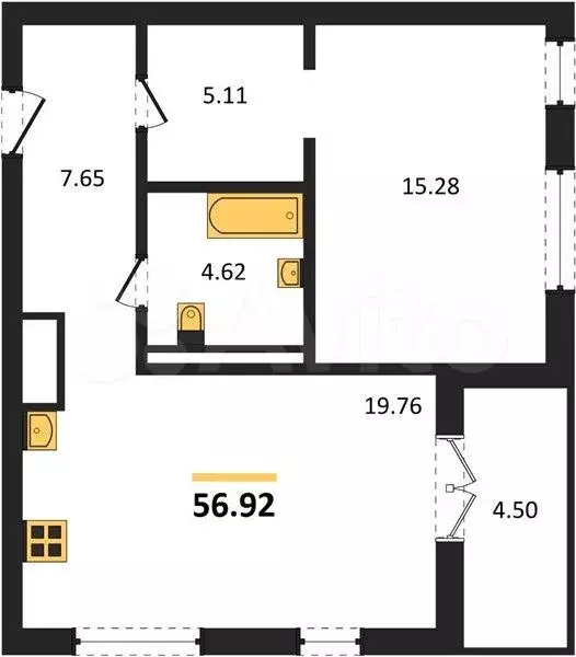 1-к. квартира, 56,9 м, 4/4 эт. - Фото 1