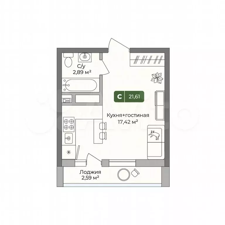 Квартира-студия, 21,6 м, 6/10 эт. - Фото 0