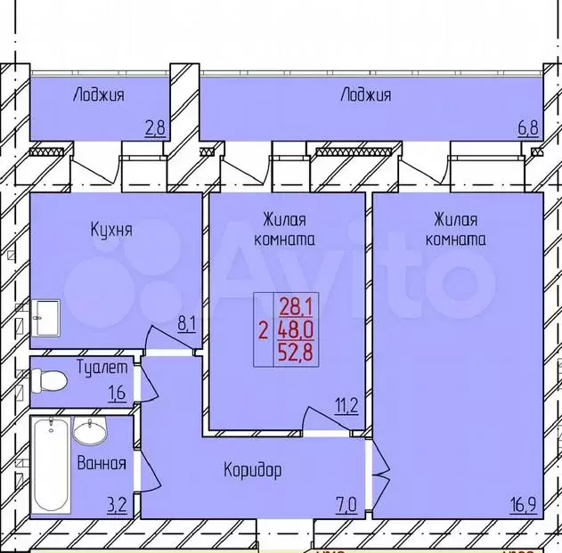 2-к. квартира, 52,8 м, 6/9 эт. - Фото 0