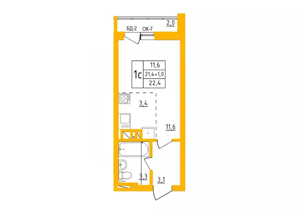 Студия Башкортостан, Уфа Инорс-4Б мкр, Акварель жилой комплекс (22.3 ... - Фото 1