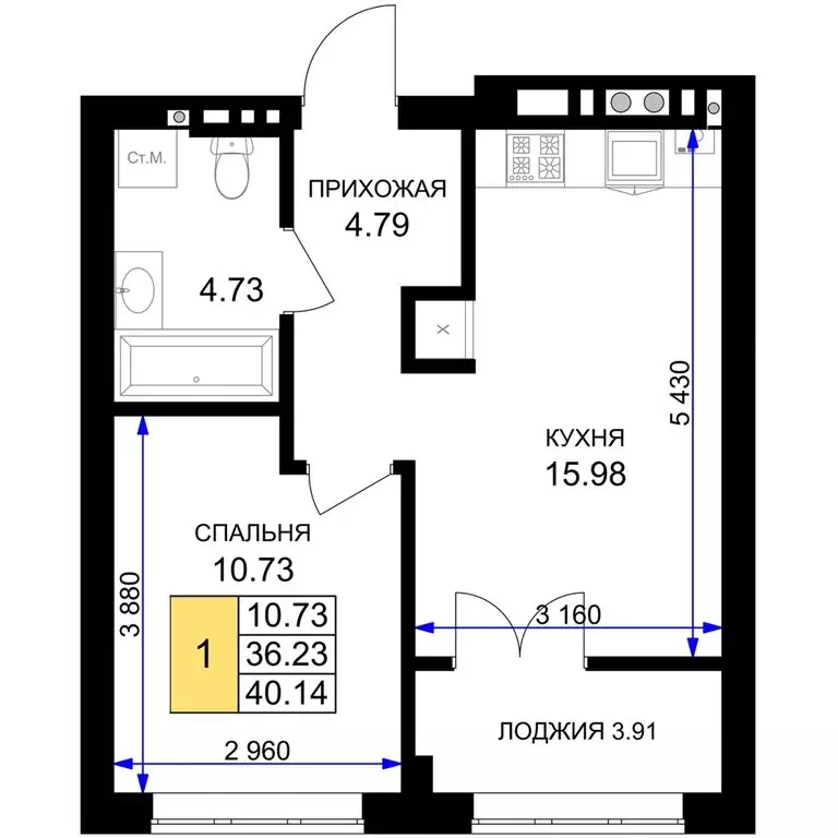 1-комнатная квартира: Гурьевск, жилой комплекс Включи (40.14 м) - Фото 0