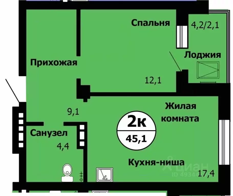 2-к кв. Красноярский край, Красноярск Лесопарковая ул., 43 (45.2 м) - Фото 0