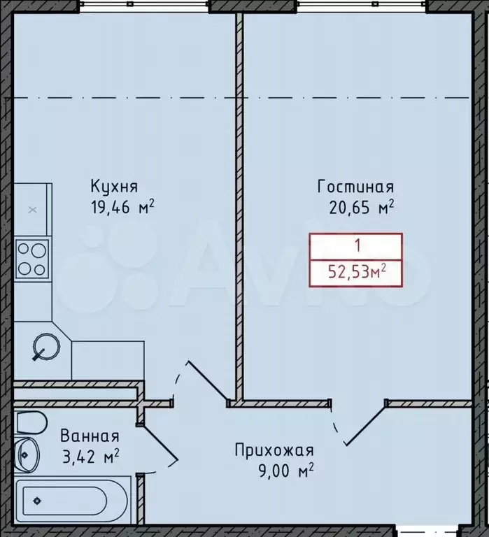 1-к. квартира, 52,5 м, 3/8 эт. - Фото 1
