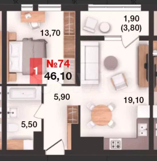 1-к. квартира, 46,1 м, 12/15 эт. - Фото 1