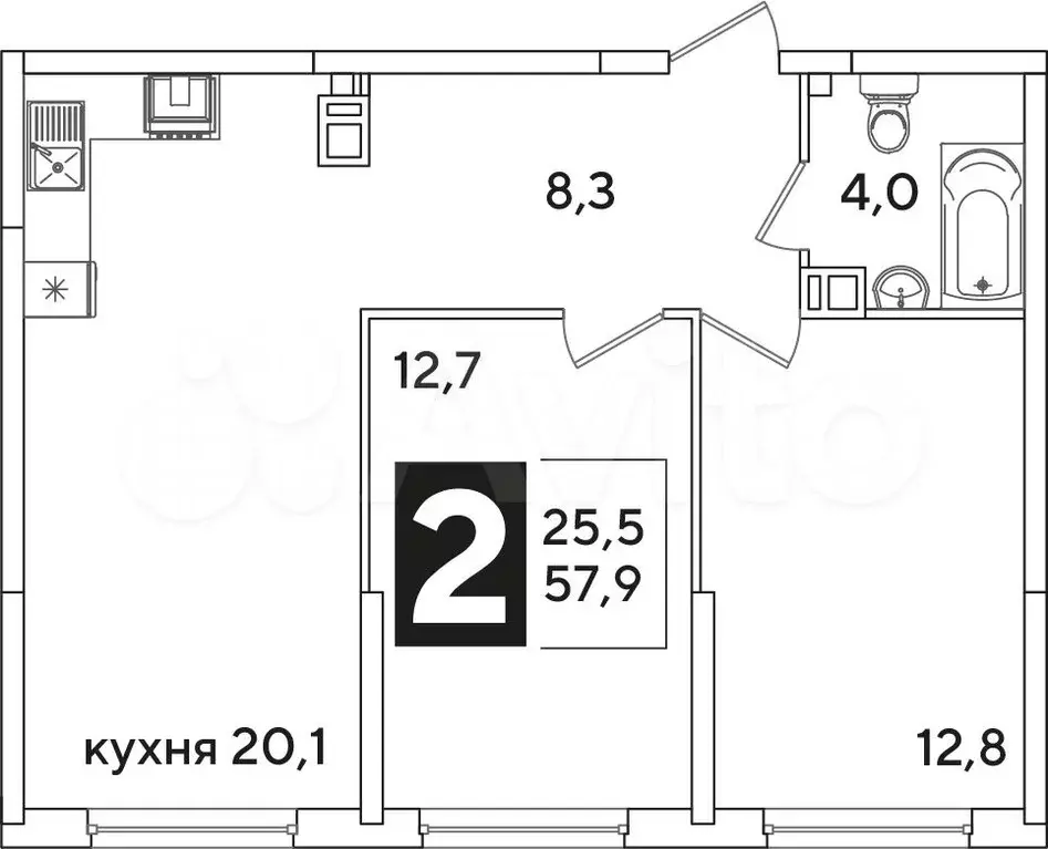 2-к. квартира, 57,9м, 6/16эт. - Фото 1