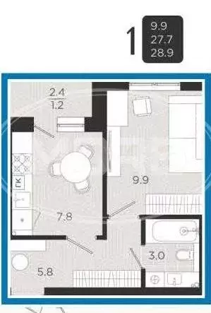 1-к. квартира, 28,9 м, 5/7 эт. - Фото 0