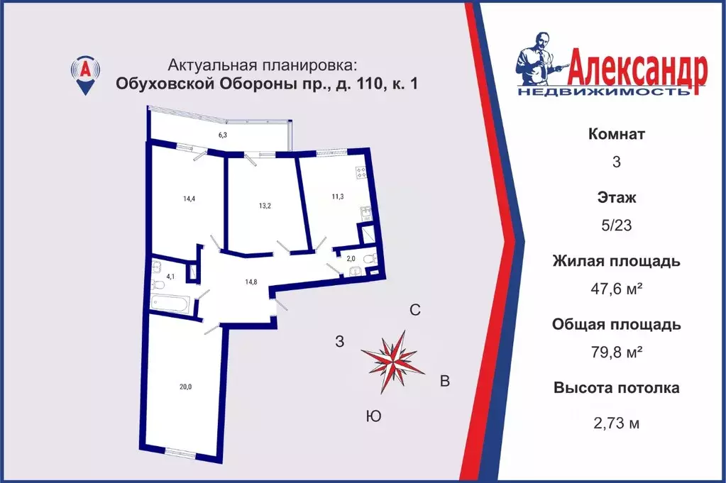 3-к кв. Санкт-Петербург просп. Обуховской обороны, 110К1 (79.8 м) - Фото 1