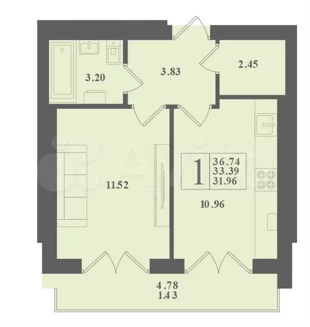 1-к. квартира, 36,7 м, 4/4 эт. - Фото 1
