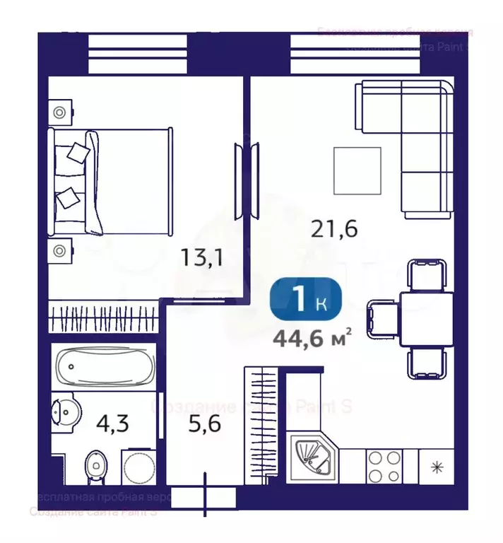 1-к. квартира, 44,6 м, 1/7 эт. - Фото 1