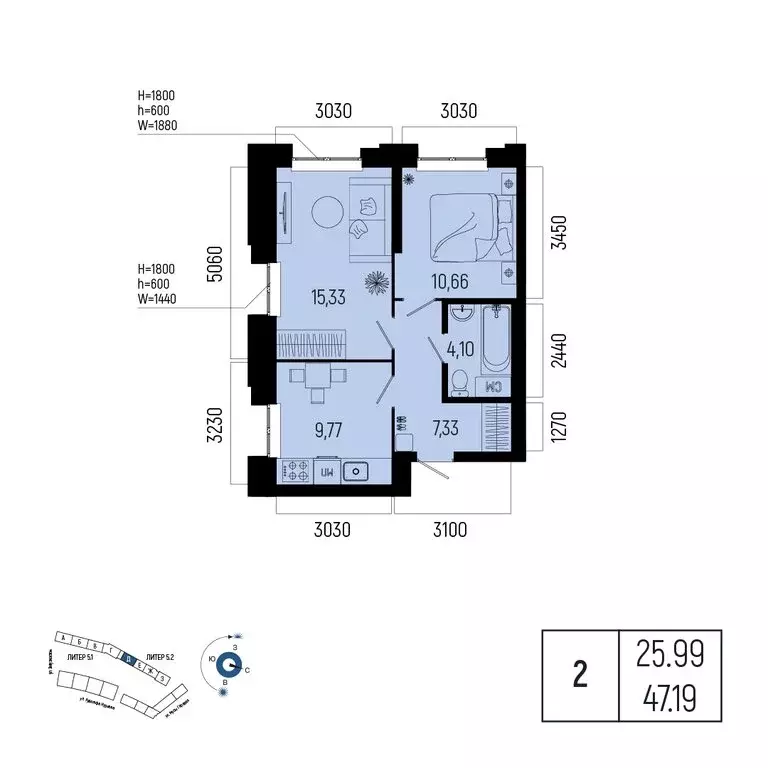 2-комнатная квартира: Уфа, Советский район, порт Уфа (47.19 м) - Фото 0