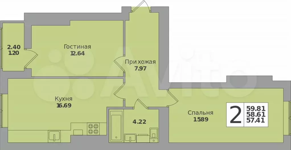 2-к. квартира, 59,8 м, 3/8 эт. - Фото 1