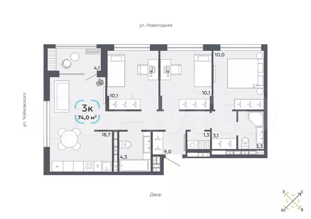 3-к. квартира, 74 м, 3/16 эт. - Фото 0