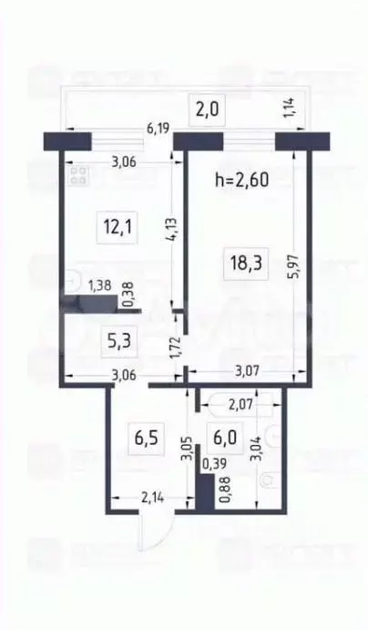 2-к кв. Татарстан, Казань ул. Академика Глушко, 49 (51.0 м) - Фото 2