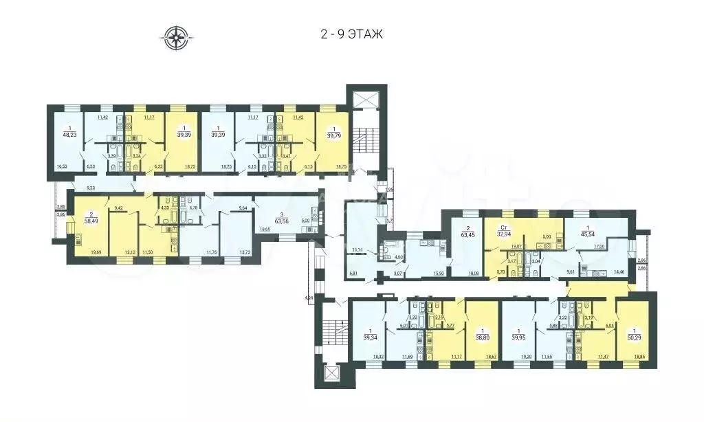 2-к. квартира, 63,5 м, 7/9 эт. - Фото 1