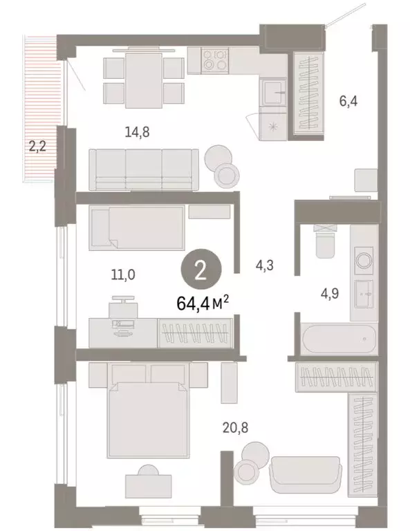 2-комнатная квартира: Тюмень, жилой комплекс Зарека (64.41 м) - Фото 1
