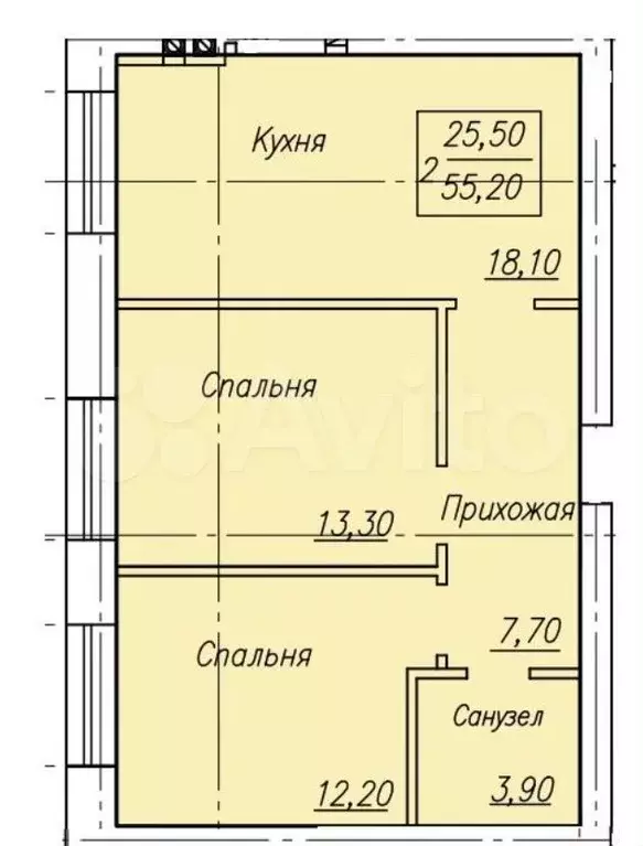 2-к. квартира, 55 м, 3/4 эт. - Фото 0