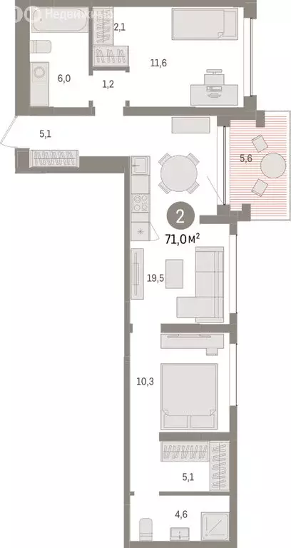 2-комнатная квартира: Тюмень, ЖК Дом у Озера (71.02 м) - Фото 1