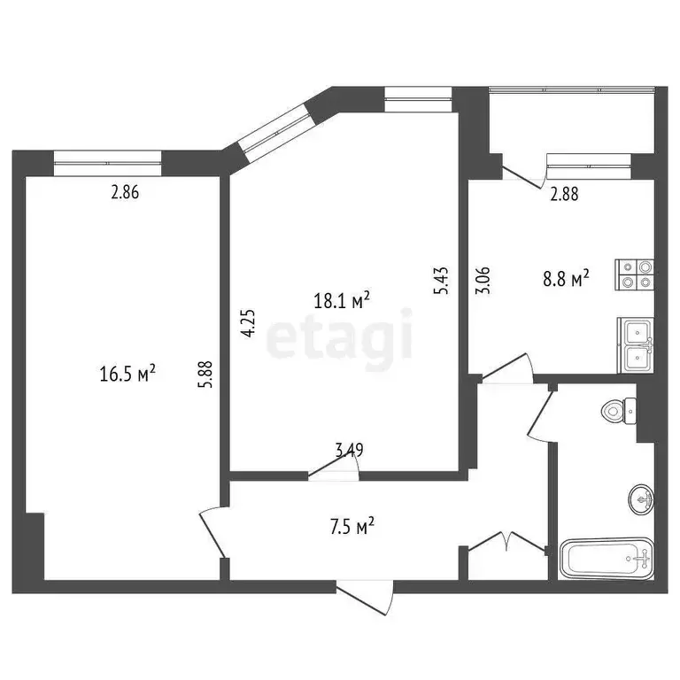 Квартира, 2 комнаты, 54.9 м - Фото 0