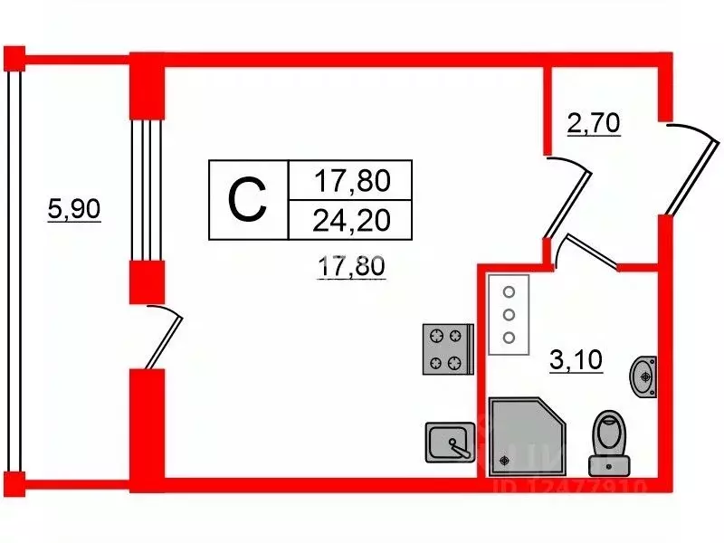 Студия Санкт-Петербург ул. Плесецкая, 20к2 (24.2 м) - Фото 1