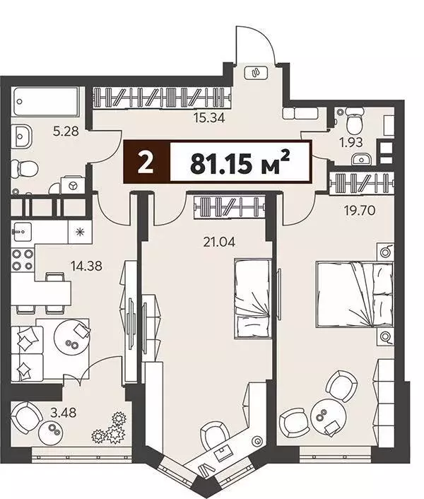 Квартира, 2 комнаты, 81.15 м - Фото 1