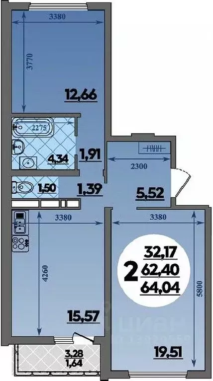 2-к кв. Адыгея, Майкоп  (64.04 м) - Фото 1