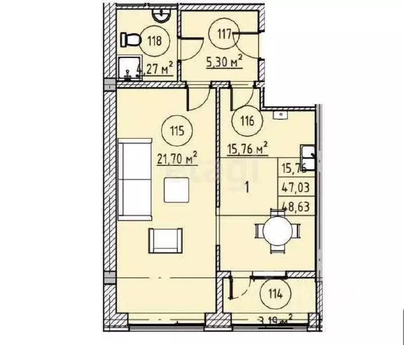 1-к кв. Кабардино-Балкария, Нальчик ул. Циолковского, 7Б (48.0 м) - Фото 0