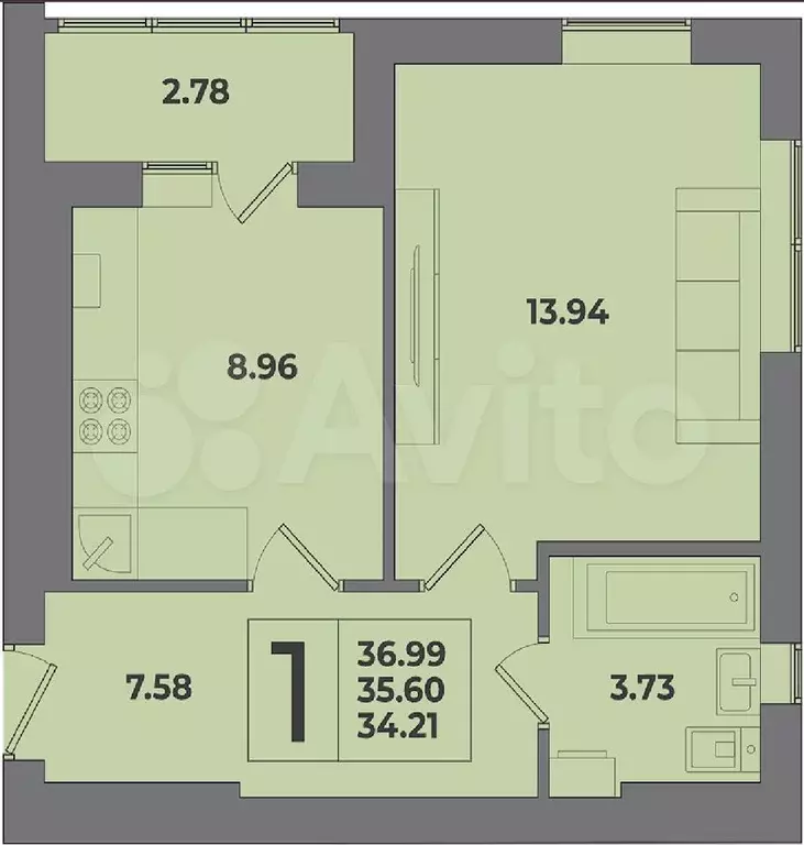 1-к. квартира, 37 м, 3/9 эт. - Фото 1