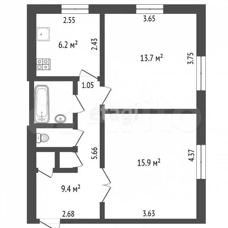 2-к. квартира, 49,6 м, 1/2 эт. - Фото 0