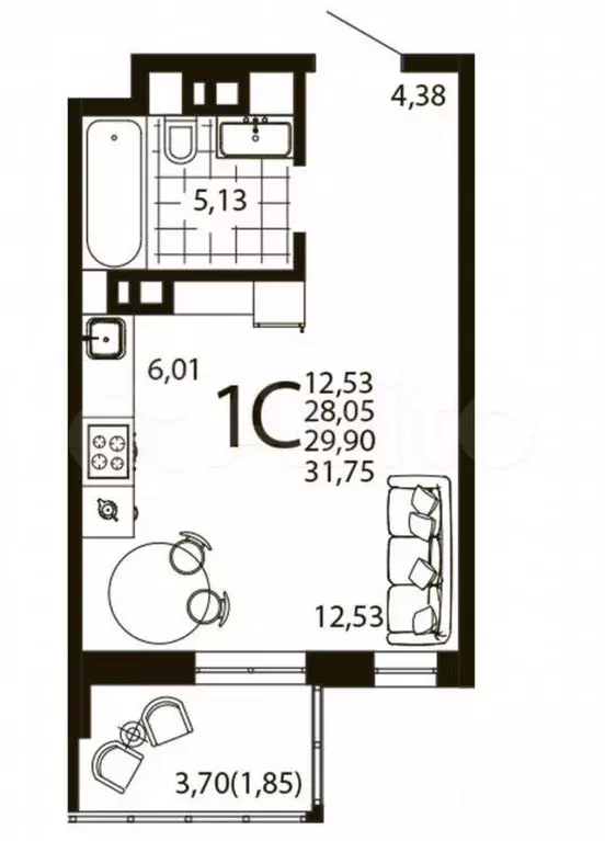 Квартира-студия, 29,2 м, 21/24 эт. - Фото 1