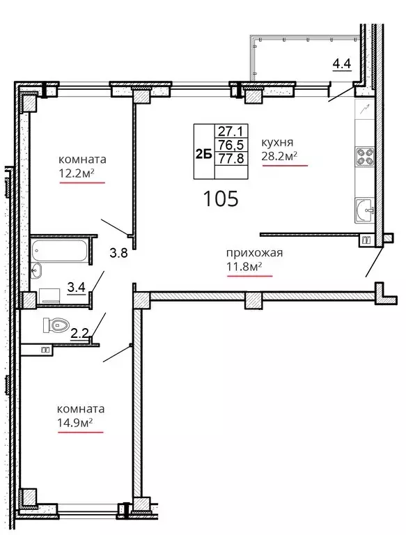 2-комнатная квартира: Псков, улица Алексея Алёхина, 14 (77.8 м) - Фото 1