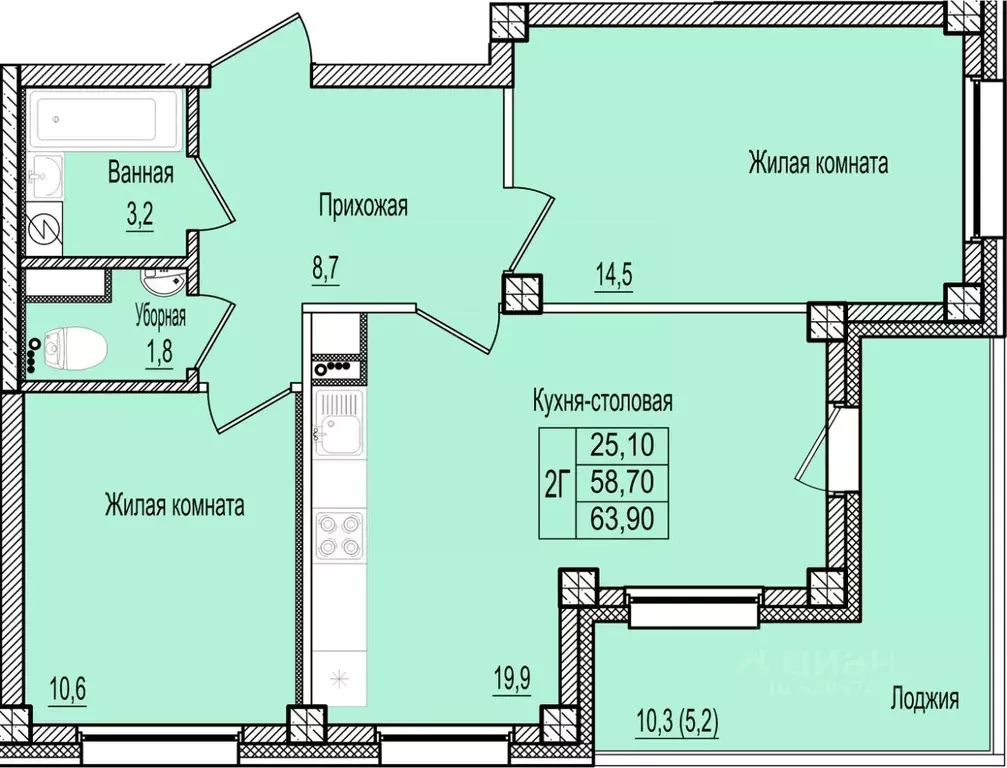 2-к кв. Псковская область, Псков Крестовский жилой комплекс (63.9 м) - Фото 1