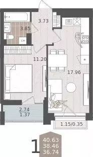 1-к. квартира, 38,1 м, 9/9 эт. - Фото 1
