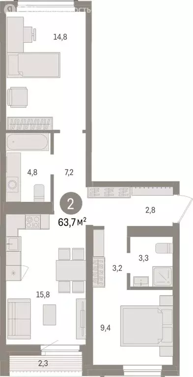 2-комнатная квартира: Новосибирск, улица Аэропорт (63.74 м) - Фото 1