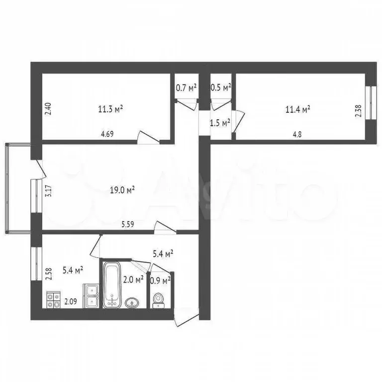 3-к. квартира, 58,9 м, 4/5 эт. - Фото 0