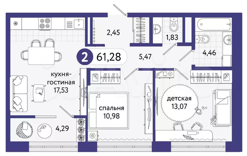 2-к. квартира, 61,3 м, 5/14 эт. - Фото 1