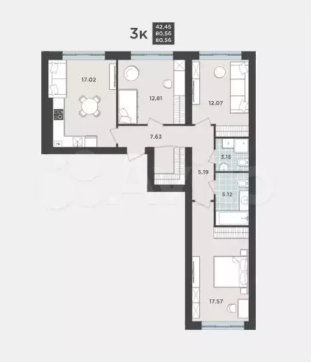 3-к. квартира, 80,6 м, 1/9 эт. - Фото 1