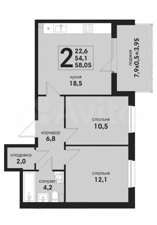 2-к. квартира, 58,1 м, 1/4 эт. - Фото 1