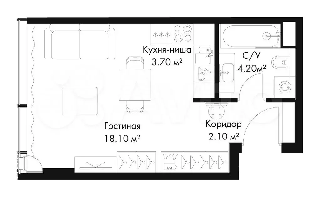 Квартира-студия, 28,1 м, 37/41 эт. - Фото 1