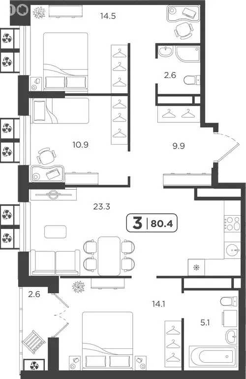 3-комнатная квартира: Тюмень, Центральный округ (82.42 м) - Фото 0
