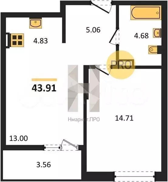 1-к. квартира, 43,9м, 3/22эт. - Фото 1