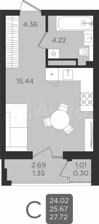 1-к. квартира, 25,7 м, 9/9 эт. - Фото 1