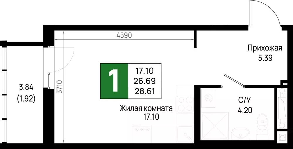 1-комнатная квартира: Новосаратовка, ЖК Имена (28.61 м) - Фото 1