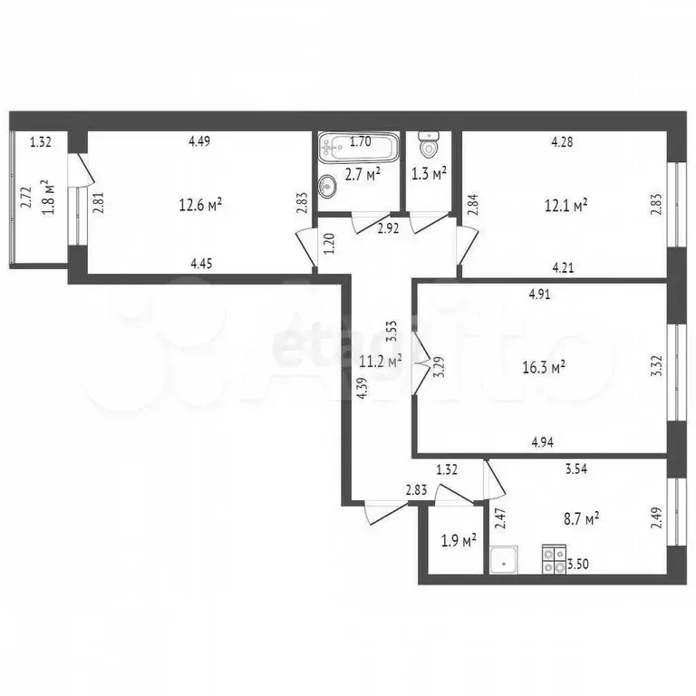 3-к. квартира, 68,6 м, 5/9 эт. - Фото 0