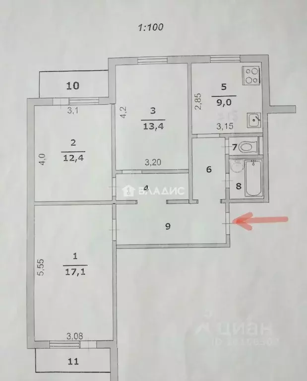3-к кв. Белгородская область, Белгород ул. Щорса, 45а (71.0 м) - Фото 2