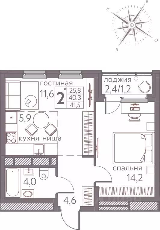 Студия Пермский край, Пермь ул. Серебристая, 3 (41.5 м) - Фото 1