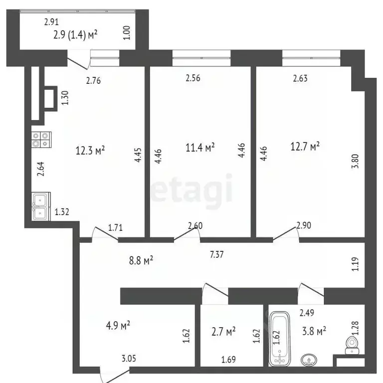 2-к кв. Костромская область, Кострома Кинешемское ш., 42А (58.0 м) - Фото 1