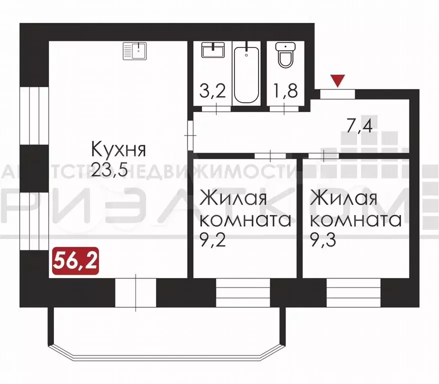 2-к. квартира, 56,2 м, 2/9 эт. - Фото 0